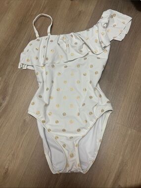 Lilly Pulitzer White Ruffled One-Shoulder Swimsuit with Gold foil Print , sz 2